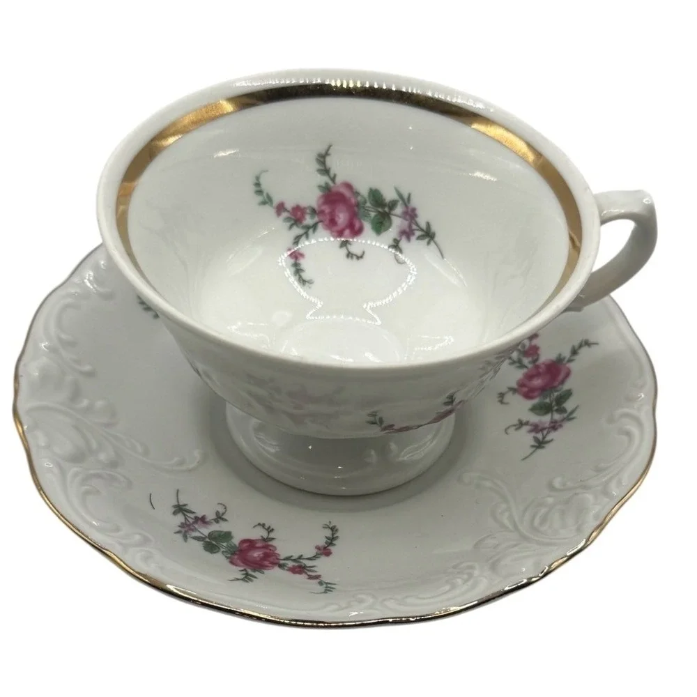 Wavel Polnad Vintage Floral Tea Cup Saucer Set Porcelain Gold Trim Pink Roses